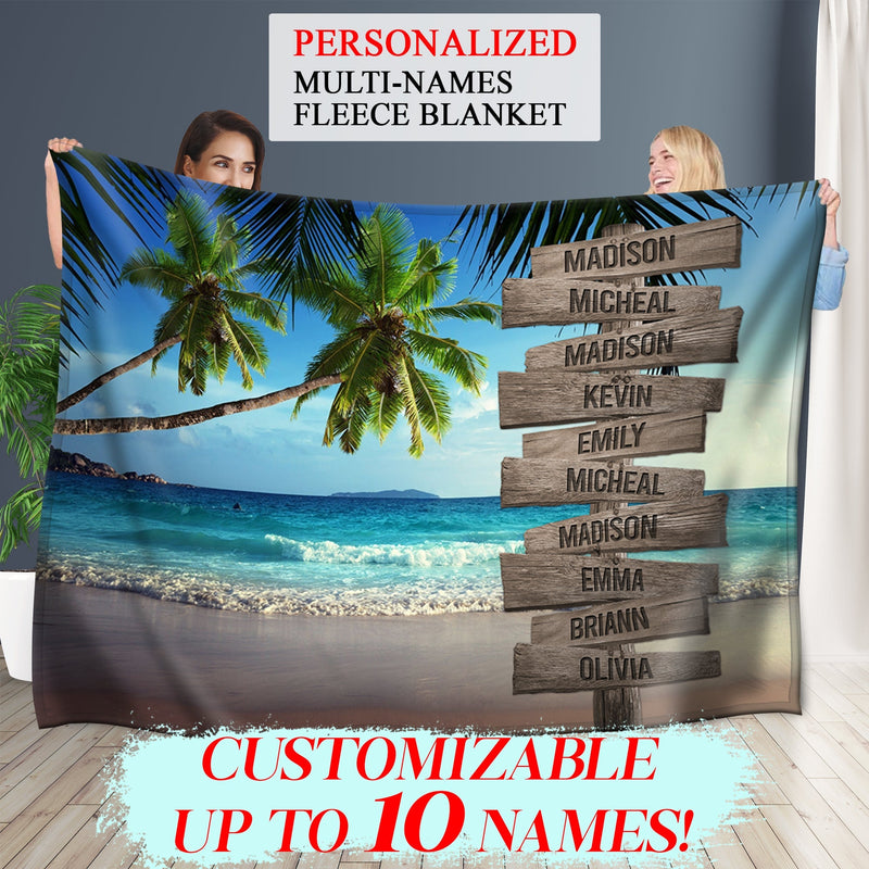 Personalized Name Sign Palm Tree Tropical Throw Blanket, Sunset Ocean Beach Blanket, Custom Last Name Signs, Family Name Sign Sunrise Blanket Gift Fuzzy Soft Cozy Warm Travel Blanket FLBL_Multi Name Blanket