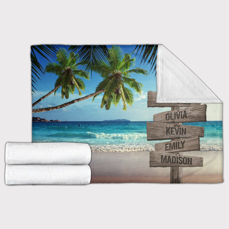 Personalized Name Sign Palm Tree Tropical Throw Blanket, Sunset Ocean Beach Blanket, Custom Last Name Signs, Family Name Sign Sunrise Blanket Gift Fuzzy Soft Cozy Warm Travel Blanket FLBL_Multi Name Blanket