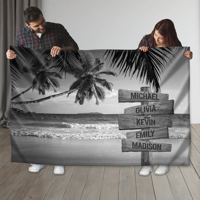 Personalized Name Sign Palm Tree Tropical Throw Blanket, Sunset Ocean Beach Blanket, Custom Last Name Signs, Family Name Sign Sunrise Blanket Gift Fuzzy Soft Cozy Warm Travel Blanket FLBL_Multi Name Blanket