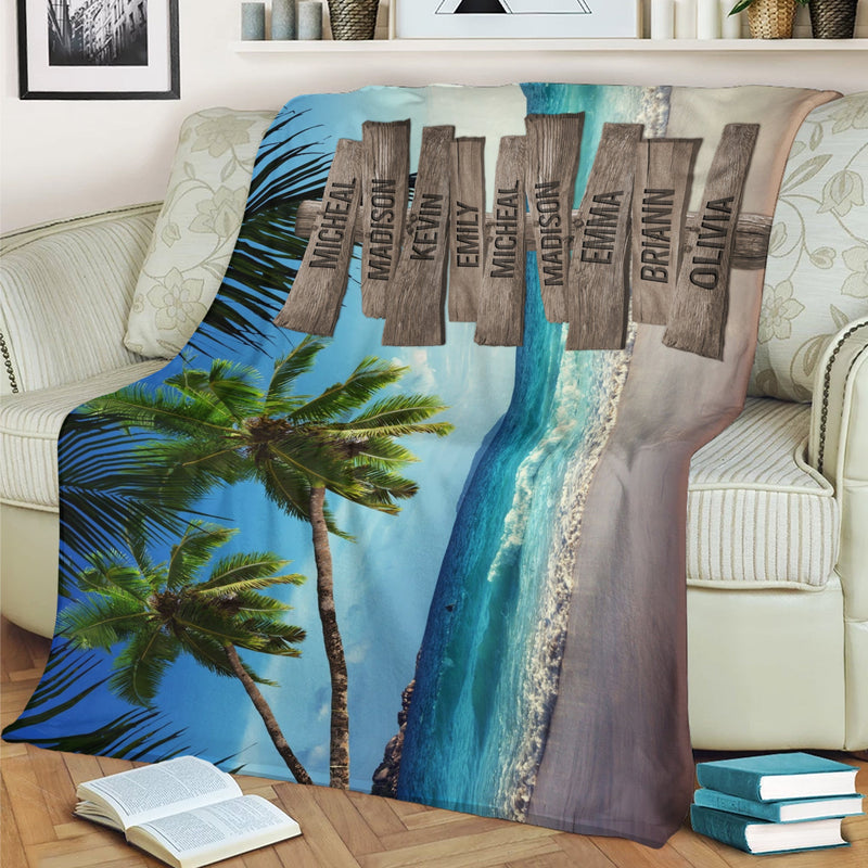 Personalized Name Sign Palm Tree Tropical Throw Blanket, Sunset Ocean Beach Blanket, Custom Last Name Signs, Family Name Sign Sunrise Blanket Gift Fuzzy Soft Cozy Warm Travel Blanket FLBL_Multi Name Blanket