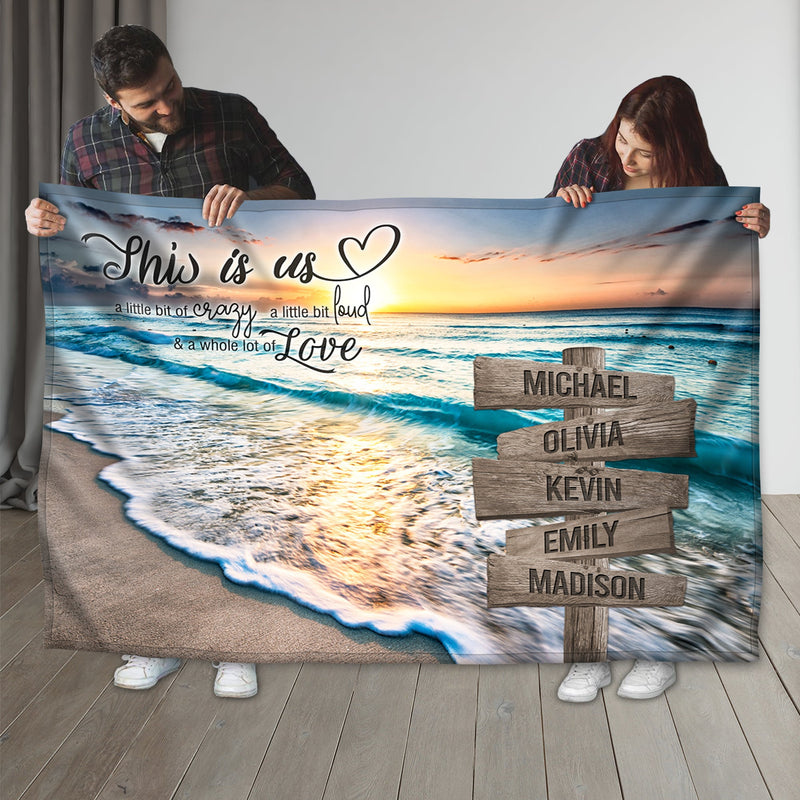 Personalized Name Sign Quotes Sunset Beach Throw Blanket Gifts, Customized Name Sign Ocean, Last Name Signs For Home Decor Family Name Sign Sunrise Fuzzy Soft Cozy Warm Travel Blanket FLBL_Multi Name Blanket