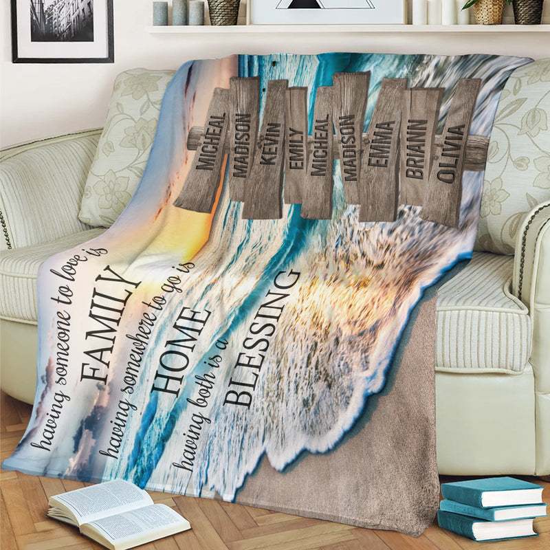 Personalized Name Sign Quotes Sunset Beach Throw Blanket Gifts, Customized Name Sign Ocean, Last Name Signs For Home Decor Family Name Sign Sunrise Fuzzy Soft Cozy Warm Travel Blanket FLBL_Multi Name Blanket