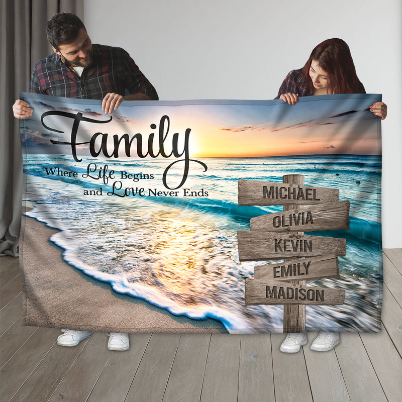 Personalized Name Sign Quotes Sunset Beach Throw Blanket Gifts, Customized Name Sign Ocean, Last Name Signs For Home Decor Family Name Sign Sunrise Fuzzy Soft Cozy Warm Travel Blanket FLBL_Multi Name Blanket