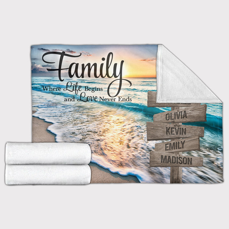 Personalized Name Sign Quotes Sunset Beach Throw Blanket Gifts, Customized Name Sign Ocean, Last Name Signs For Home Decor Family Name Sign Sunrise Fuzzy Soft Cozy Warm Travel Blanket FLBL_Multi Name Blanket