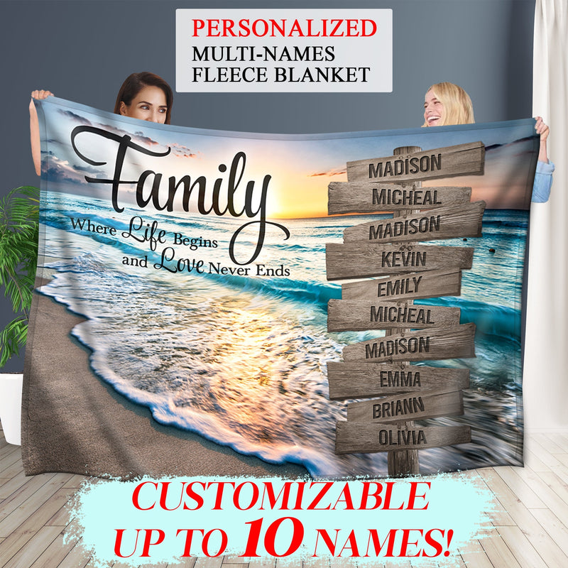 Personalized Name Sign Quotes Sunset Beach Throw Blanket Gifts, Customized Name Sign Ocean, Last Name Signs For Home Decor Family Name Sign Sunrise Fuzzy Soft Cozy Warm Travel Blanket FLBL_Multi Name Blanket