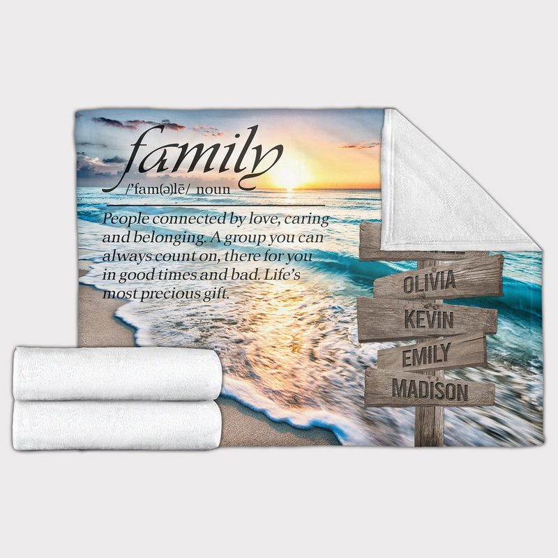 Personalized Name Sign Quotes Sunset Beach Throw Blanket Gifts, Customized Name Sign Ocean, Last Name Signs For Home Decor Family Name Sign Sunrise Fuzzy Soft Cozy Warm Travel Blanket FLBL_Multi Name Blanket
