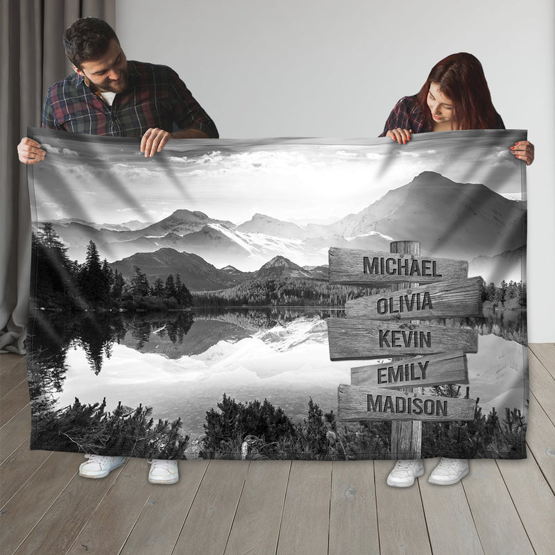 Personalized Name Sign Sunny Day Mountain And Lake Nature Throw Blanket Gifts, Customized Name Sign, Last Name Signs For Home, Family Name Sign Fuzzy Soft Cozy Warm Travel Blanket FLBL_Multi Name Blanket