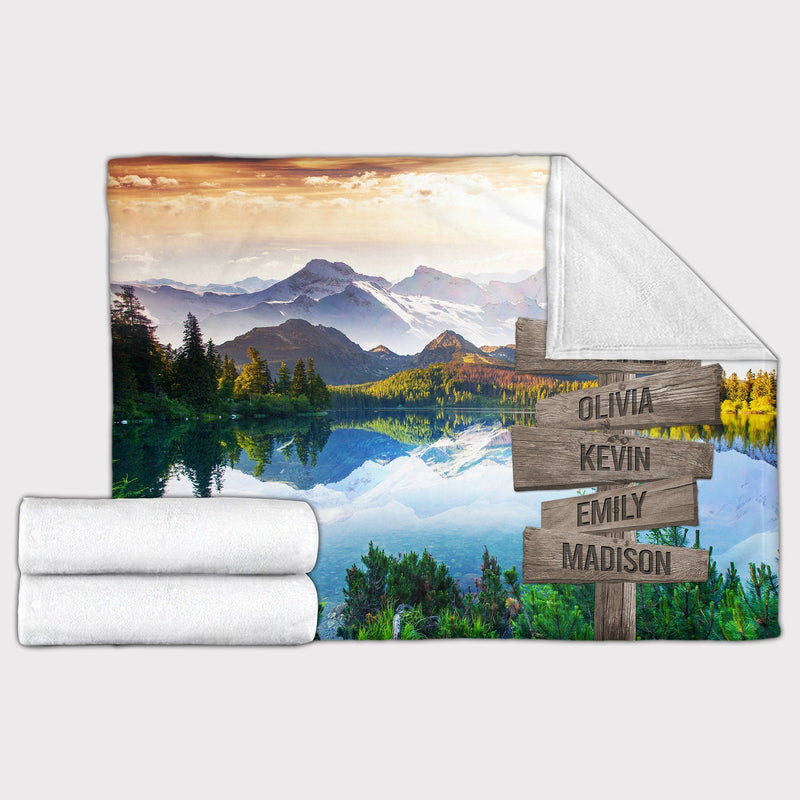 Personalized Name Sign Sunny Day Mountain And Lake Nature Throw Blanket Gifts, Customized Name Sign, Last Name Signs For Home, Family Name Sign Fuzzy Soft Cozy Warm Travel Blanket FLBL_Multi Name Blanket
