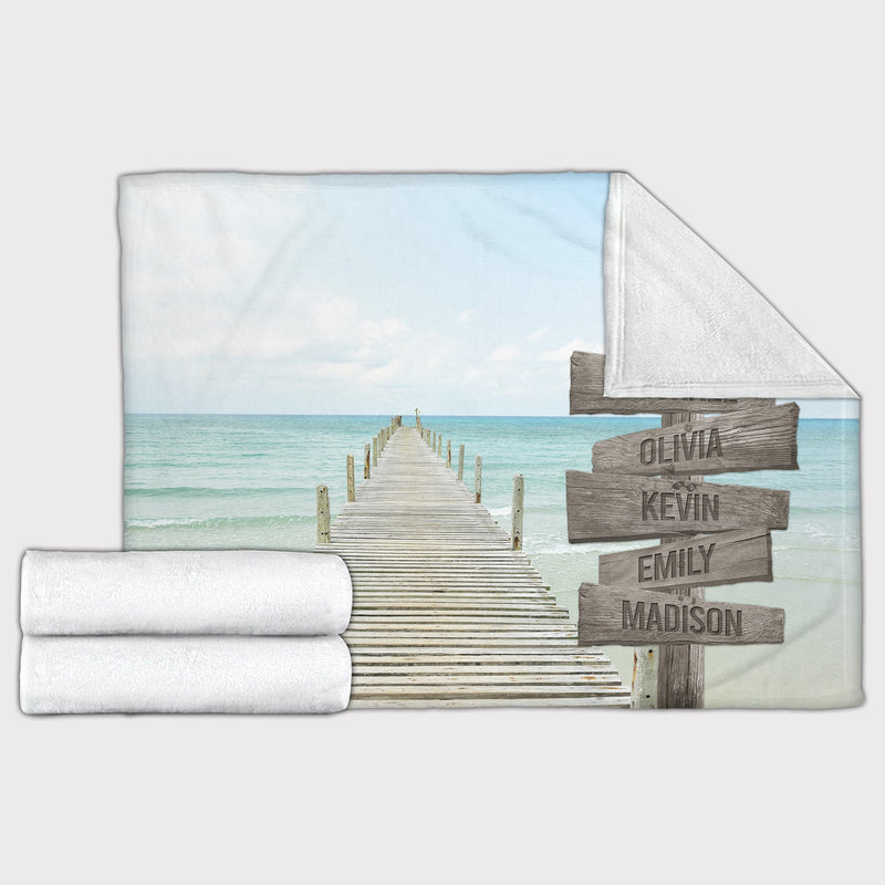 Personalized Name Sign Sunset Beach Scene Throw Blanket Gifts, Customized Name Sign Dock Boardwalk Pictures, Last Name Signs For Home, Family Name Sign Soft Cozy Warm Travel Blanket FLBL_Multi Name Blanket