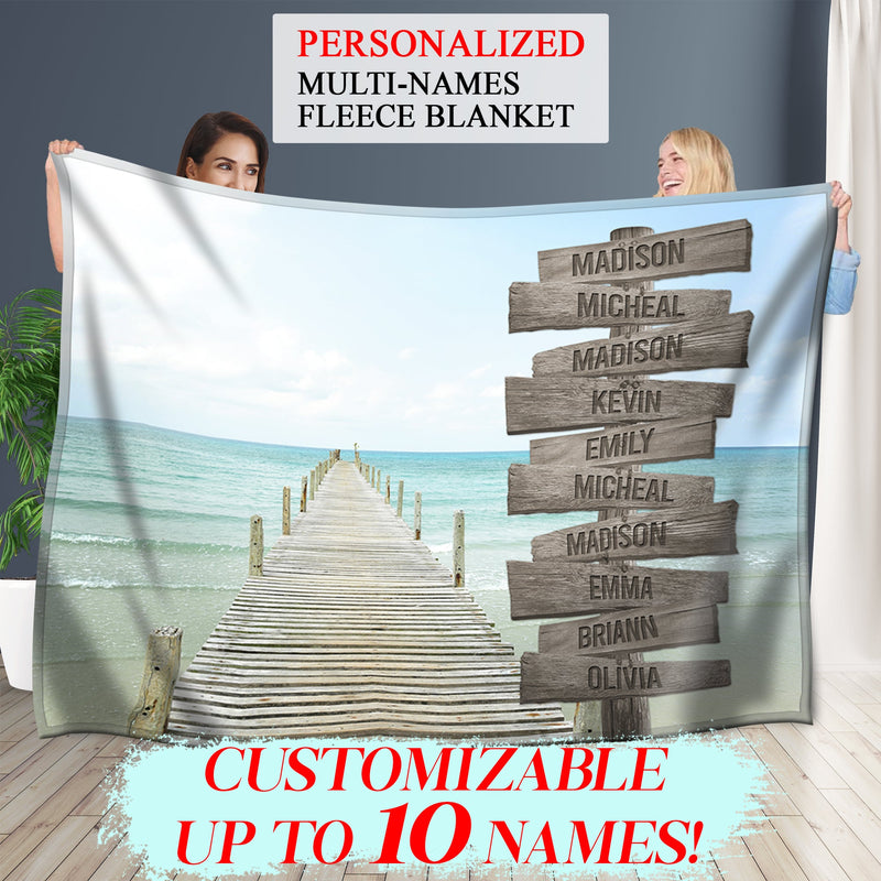 Personalized Name Sign Sunset Beach Scene Throw Blanket Gifts, Customized Name Sign Dock Boardwalk Pictures, Last Name Signs For Home, Family Name Sign Soft Cozy Warm Travel Blanket FLBL_Multi Name Blanket