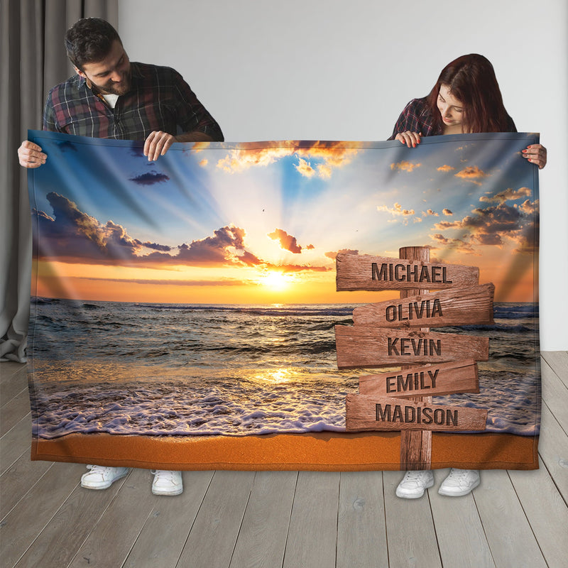 Personalized Name Sign Sunset Beach Throw Blanket, Custom Name Sign Ocean Blanket, Custom Last Name Signs, Family Name Sign Sunrise Blanket Gift Fuzzy Soft Cozy Warm Travel Blanket FLBL_Multi Name Blanket