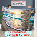 Personalized Name Sign Sunset Beach Throw Blanket, Custom Name Sign Ocean Blanket, Custom Last Name Signs, Family Name Sign Sunrise Blanket Gift Fuzzy Soft Cozy Warm Travel Blanket FLBL_Multi Name Blanket