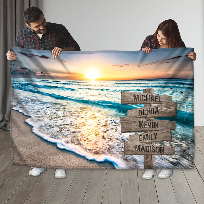 Personalized Name Sign Sunset Beach Throw Blanket, Custom Name Sign Ocean Blanket, Custom Last Name Signs, Family Name Sign Sunrise Blanket Gift Fuzzy Soft Cozy Warm Travel Blanket FLBL_Multi Name Blanket