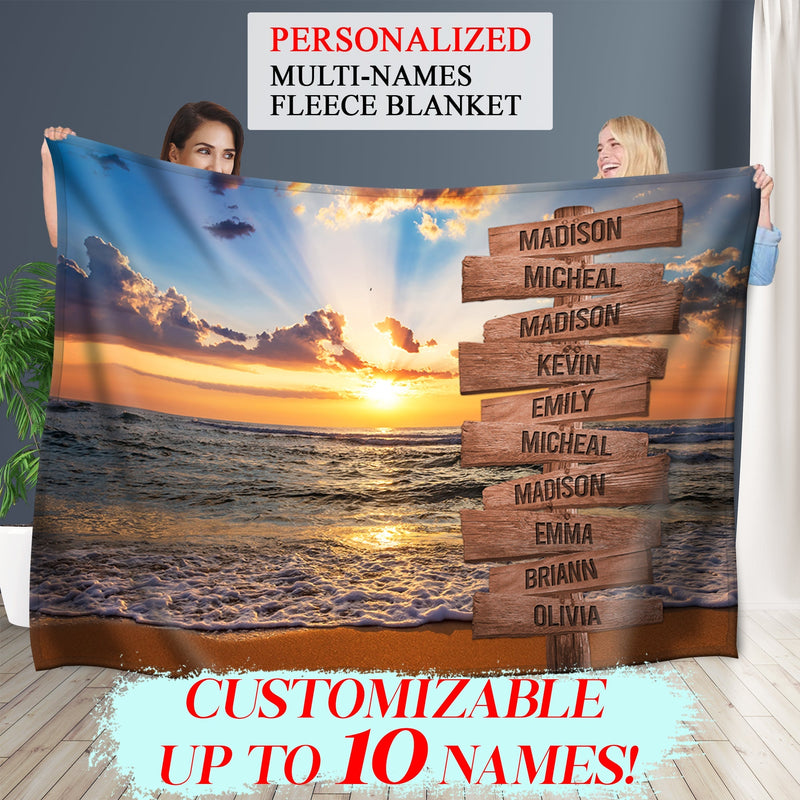 Personalized Name Sign Sunset Beach Throw Blanket, Custom Name Sign Ocean Blanket, Custom Last Name Signs, Family Name Sign Sunrise Blanket Gift Fuzzy Soft Cozy Warm Travel Blanket FLBL_Multi Name Blanket