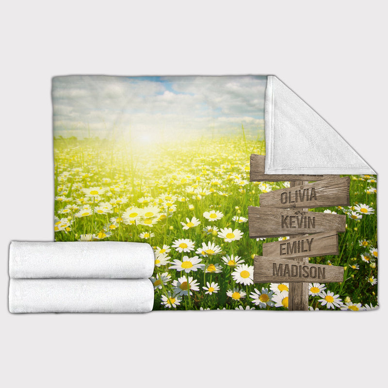 Personalized Name Sign Sunset Daisy Flower Throw Blanket Gifts, Customized Name Sign Sunrise Art Print Pictures Last Name Signs For Home Family Name Sign Soft Cozy Warm Travel Blanket FLBL_Multi Name Blanket