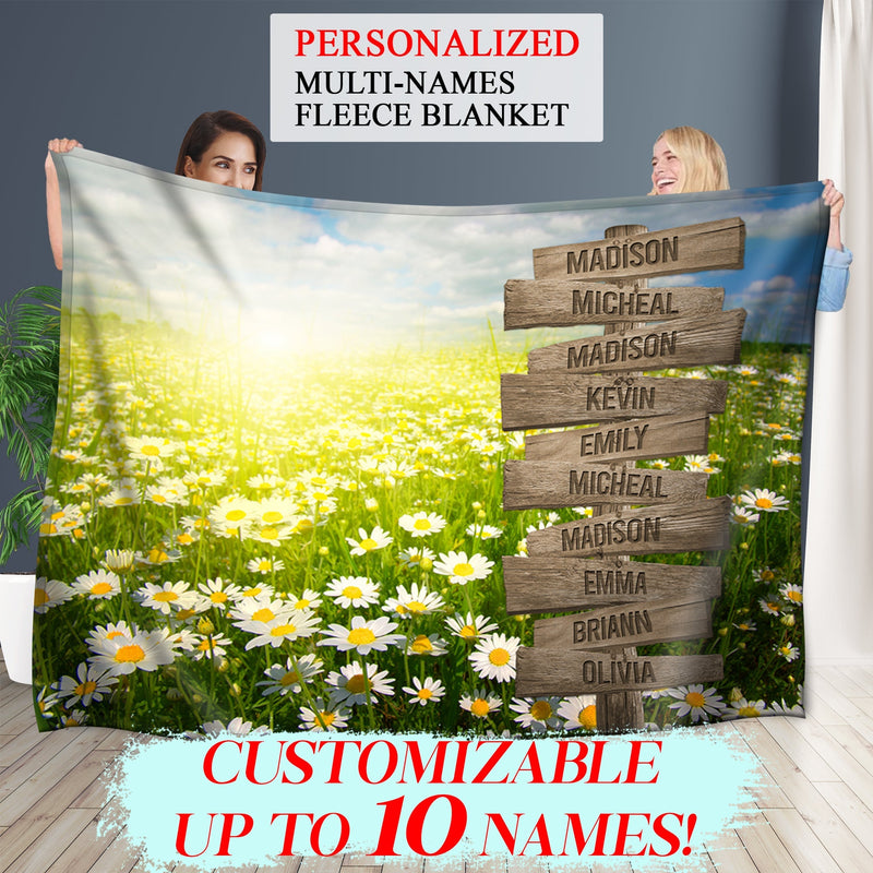 Personalized Name Sign Sunset Daisy Flower Throw Blanket Gifts, Customized Name Sign Sunrise Art Print Pictures Last Name Signs For Home Family Name Sign Soft Cozy Warm Travel Blanket FLBL_Multi Name Blanket