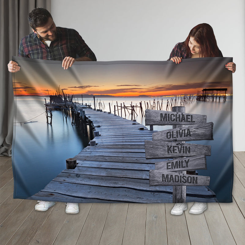 Personalized Name Sign Sunset Lake Scene Throw Blanket Gifts, Customized Name Sign Dock Boardwalk Pictures, Last Name Signs For Home, Family Name Sign Soft Cozy Warm Travel Blanket FLBL_Multi Name Blanket