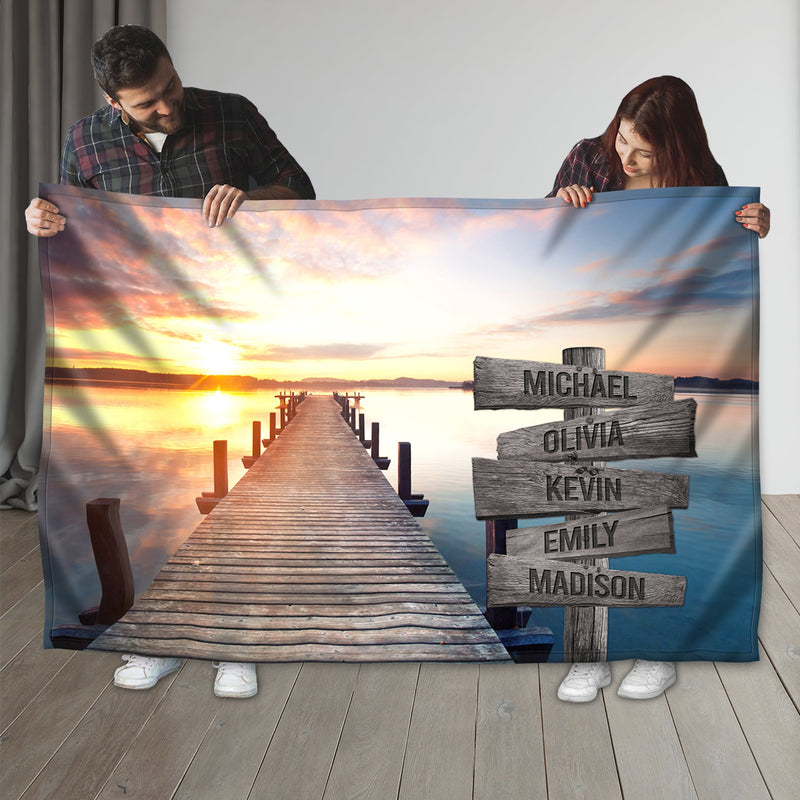 Personalized Name Sign Sunset Lake Scene Throw Blanket Gifts, Customized Name Sign Dock Boardwalk Pictures, Last Name Signs For Home, Family Name Sign Soft Cozy Warm Travel Blanket FLBL_Multi Name Blanket