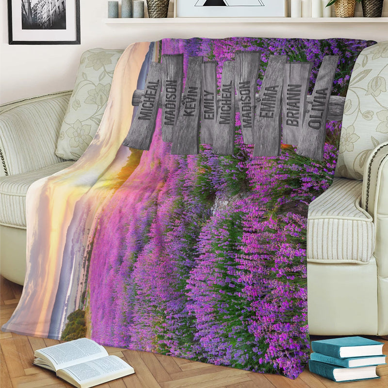 Personalized Name Sign Sunset Lavender Flower Throw Blanket Gifts, Customized Name Sign Sunrise Purple Floral Pictures Last Name Signs For Home Family Name Sign Soft Cozy Warm Blanket FLBL_Multi Name Blanket