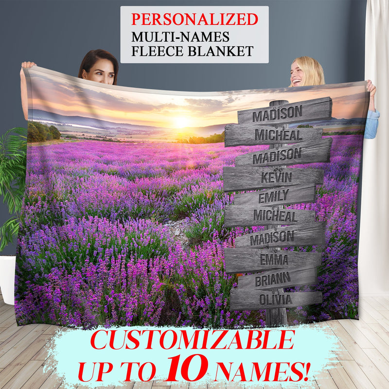 Personalized Name Sign Sunset Lavender Flower Throw Blanket Gifts, Customized Name Sign Sunrise Purple Floral Pictures Last Name Signs For Home Family Name Sign Soft Cozy Warm Blanket FLBL_Multi Name Blanket