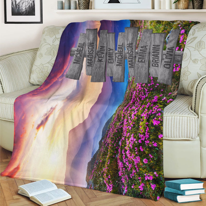 Personalized Name Sign Sunset Mountain Pink Rhododendrons Throw Blanket Gifts, Customized Name Sign Sunrise Pictures, Last Name Signs For Home, Family Name Sign Soft Cozy Warm Blanket FLBL_Multi Name Blanket