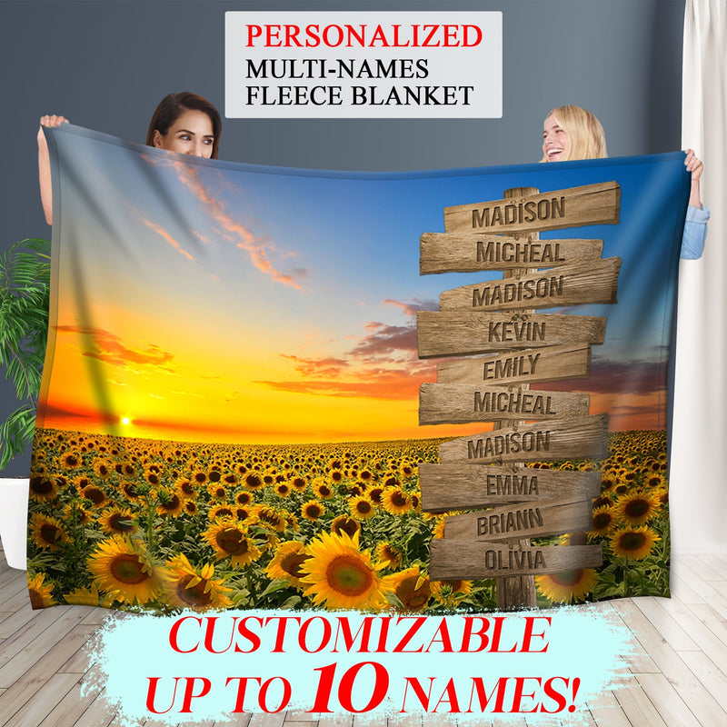 Personalized Name Sign Sunset Sunflower Throw Blanket Gifts, Customized Name Sign Sunrise Sunflower Pictures, Last Name Signs For Home, Family Name Sign Soft Cozy Warm Travel Blanket FLBL_Multi Name Blanket