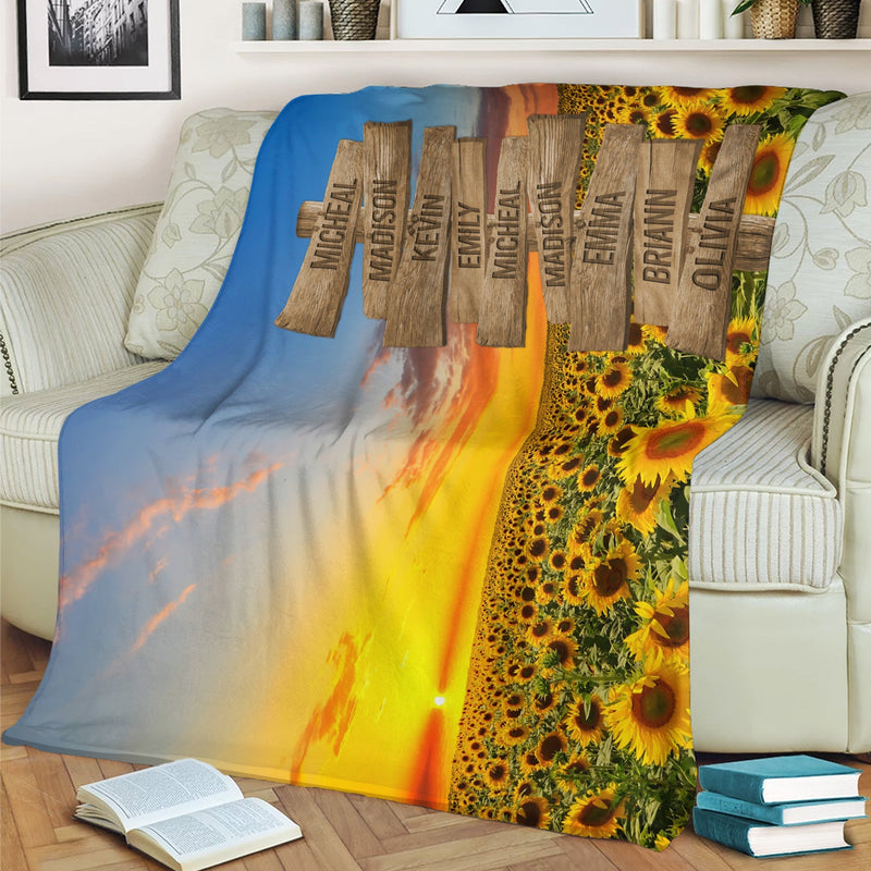 Personalized Name Sign Sunset Sunflower Throw Blanket Gifts, Customized Name Sign Sunrise Sunflower Pictures, Last Name Signs For Home, Family Name Sign Soft Cozy Warm Travel Blanket FLBL_Multi Name Blanket