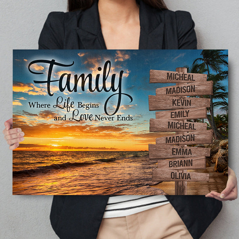 Personalized Sunset Beach Canvas Wall Art, Family Name Sign, Custom Street Sign, Anniversary Gift, Family Where Life Begins Love Never Ends CANLA15_Multi Name Canvas