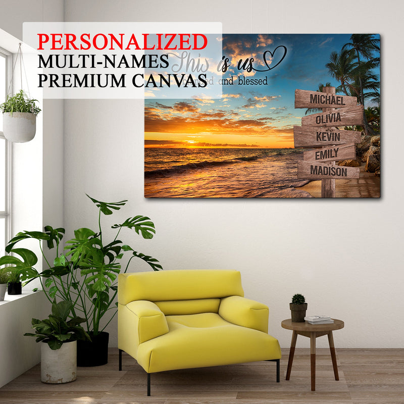 Personalized Sunset Beach Canvas Wall Art With Name, Family Name Sign, Custom Street Sign, Anniversary Gift, This Is Us Blended And Blessed CANLA15_Multi Name Canvas