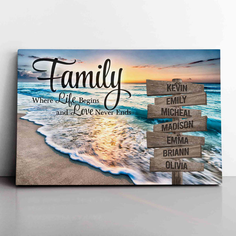 Personalized Sunset Beach Family Where Life Begins Love Never Ends Inspirational Quotes Canvas Wall Art With Name Framed, Custom Name Sign CANLA15_Miss Pet Canvas