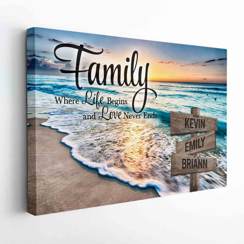 Personalized Sunset Beach Family Where Life Begins Love Never Ends Inspirational Quotes Canvas Wall Art With Name Framed, Custom Name Sign CANLA15_Miss Pet Canvas