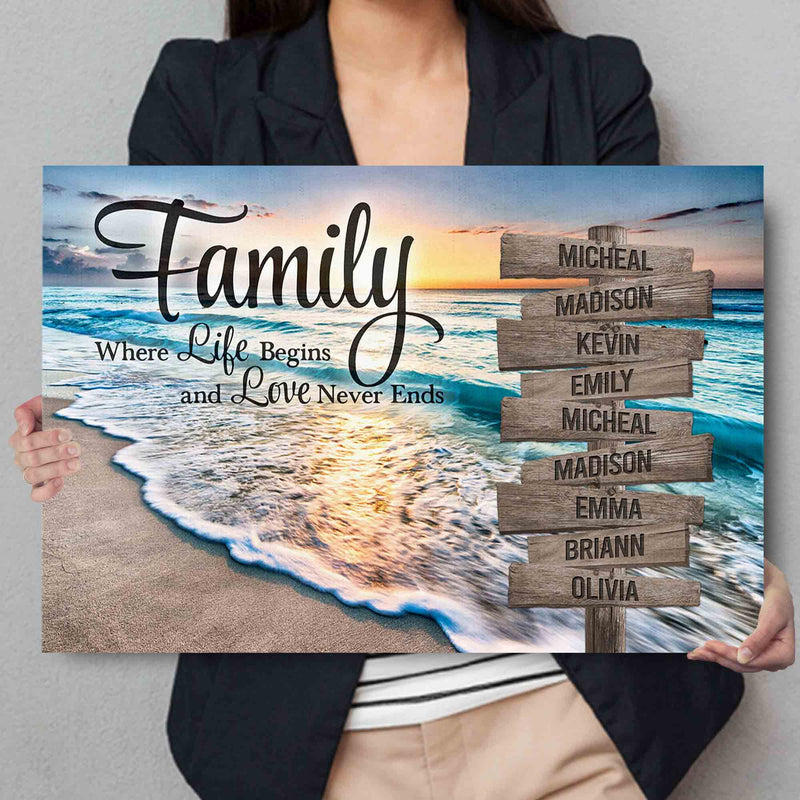 Personalized Sunset Beach Family Where Life Begins Love Never Ends Inspirational Quotes Canvas Wall Art With Name Framed, Custom Name Sign CANLA15_Miss Pet Canvas