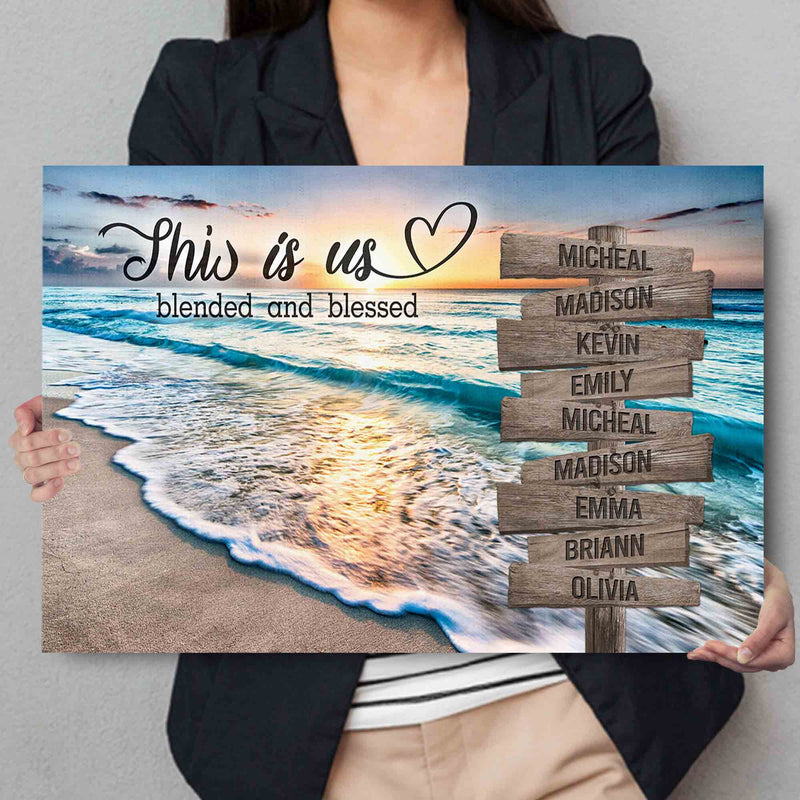 Personalized Sunset Beach Ocean This Is Us Blended And Blessed Inspirational Quote Canvas Wall Art With Name Framed, Custom Name Sign Framed CANLA15_Multi Name Canvas