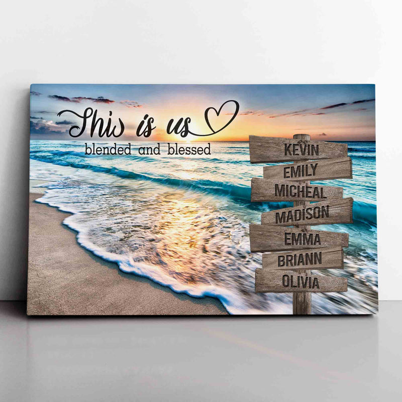 Personalized Sunset Beach Ocean This Is Us Blended And Blessed Inspirational Quote Canvas Wall Art With Name Framed, Custom Name Sign Framed CANLA15_Multi Name Canvas