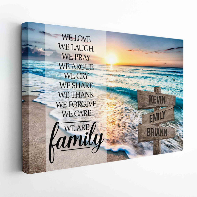 Personalized Sunset Beach We Are Family Christian Inspirational Quotes Canvas Wall Art With Name Framed, Custom Name Sign Framed Family Sign CANLA15_Multi Name Canvas