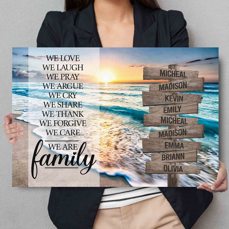 Personalized Sunset Beach We Are Family Christian Inspirational Quotes Canvas Wall Art With Name Framed, Custom Name Sign Framed Family Sign CANLA15_Multi Name Canvas