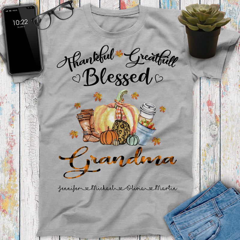 Thankful Greatfull Blessed Custom Grandpa Grandma Mom Dad Fall With Grandkids Names Gift Shirt, Thanksgiving Gift Personalized Autumn shirt SHIRTS_Autumn Shirt