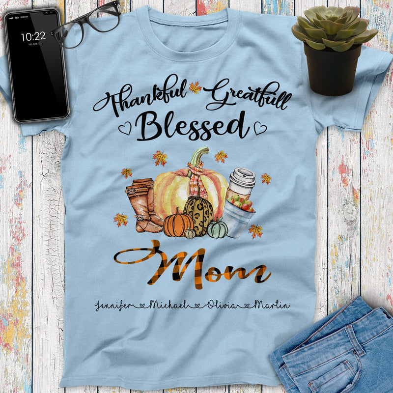 Thankful Greatfull Blessed Custom Grandpa Grandma Mom Dad Fall With Grandkids Names Gift Shirt, Thanksgiving Gift Personalized Autumn shirt SHIRTS_Autumn Shirt