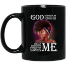 African American Coffee Mug God Designed Created Blesses Me Heals Defends Forgives Loves Me History Month 11oz - 15oz Black Mug