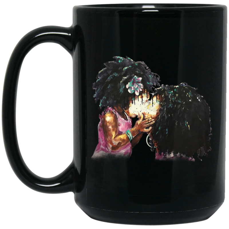 African American Coffee Mug Mom And Daughter Kiss Art 11oz - 15oz Black Mug