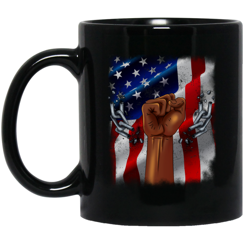 African American Coffee Mug Strong Hand Broken Chain With American Flag 11oz - 15oz Black Mug