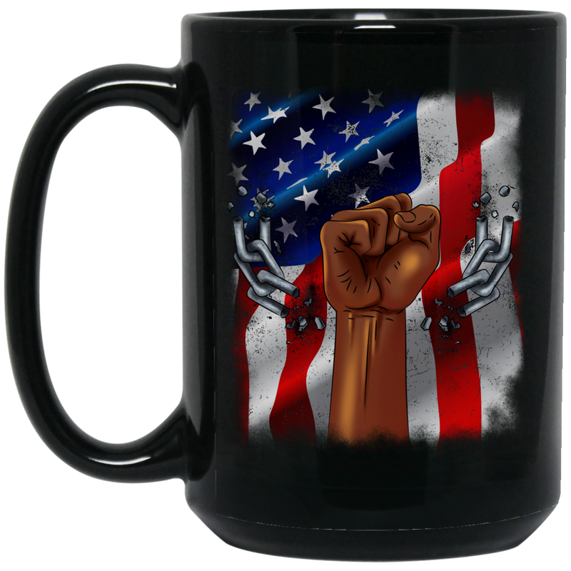 African American Coffee Mug Strong Hand Broken Chain With American Flag 11oz - 15oz Black Mug