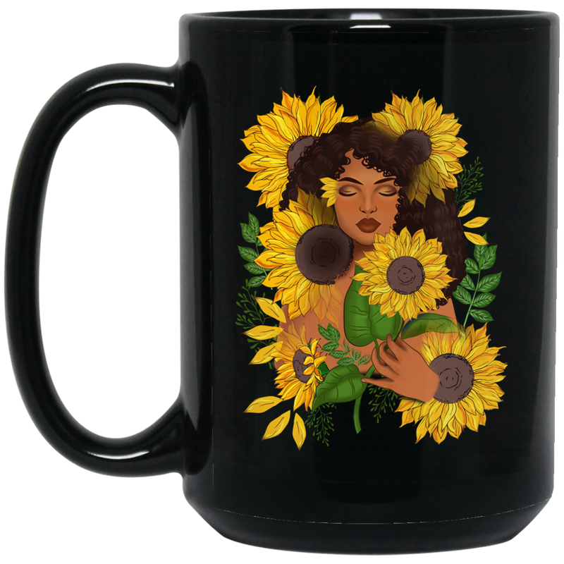 African American Coffee Mug Sunflowers Black Girl 11oz - 15oz Black Mug
