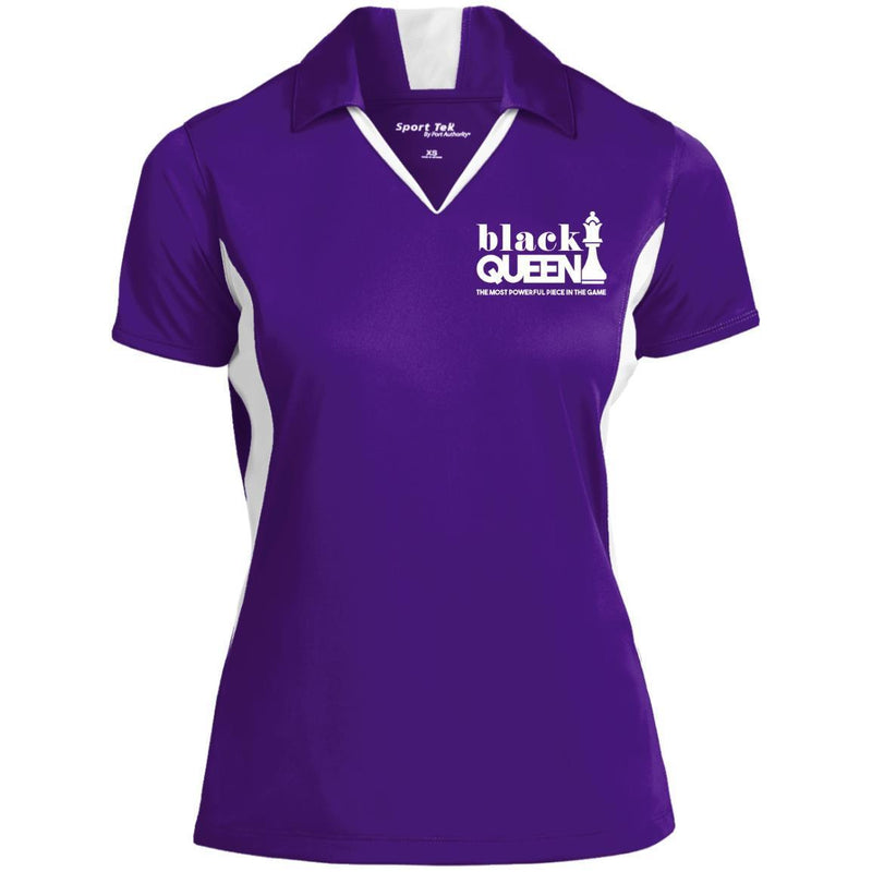 B & J Black Queen Embroidered Sport-Tek Ladies' Colorblock Performance Polo Shirt CustomCat