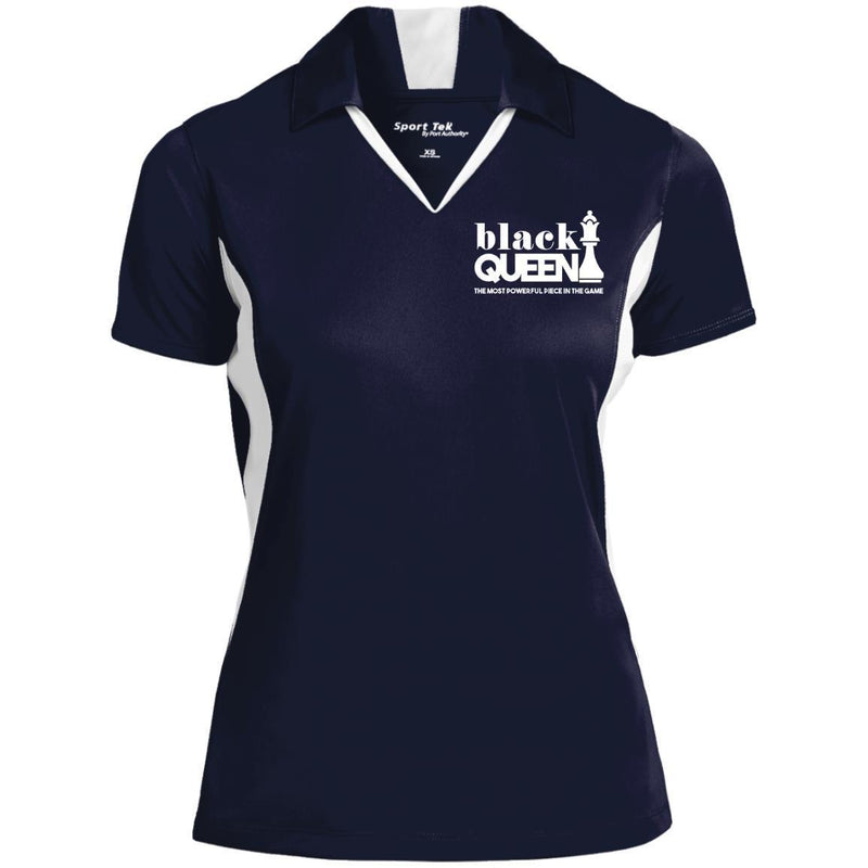 B & J Black Queen Embroidered Sport-Tek Ladies' Colorblock Performance Polo Shirt CustomCat