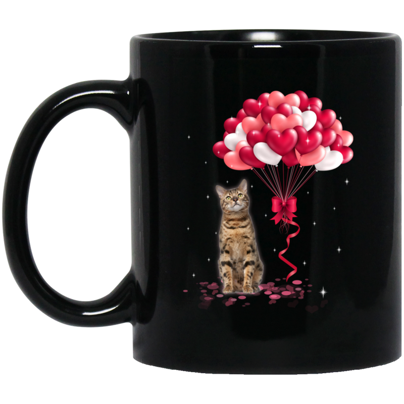 Cat Coffee Mug Bengal Cat Valentine Heart Balloons 11oz - 15oz Black Mug CustomCat