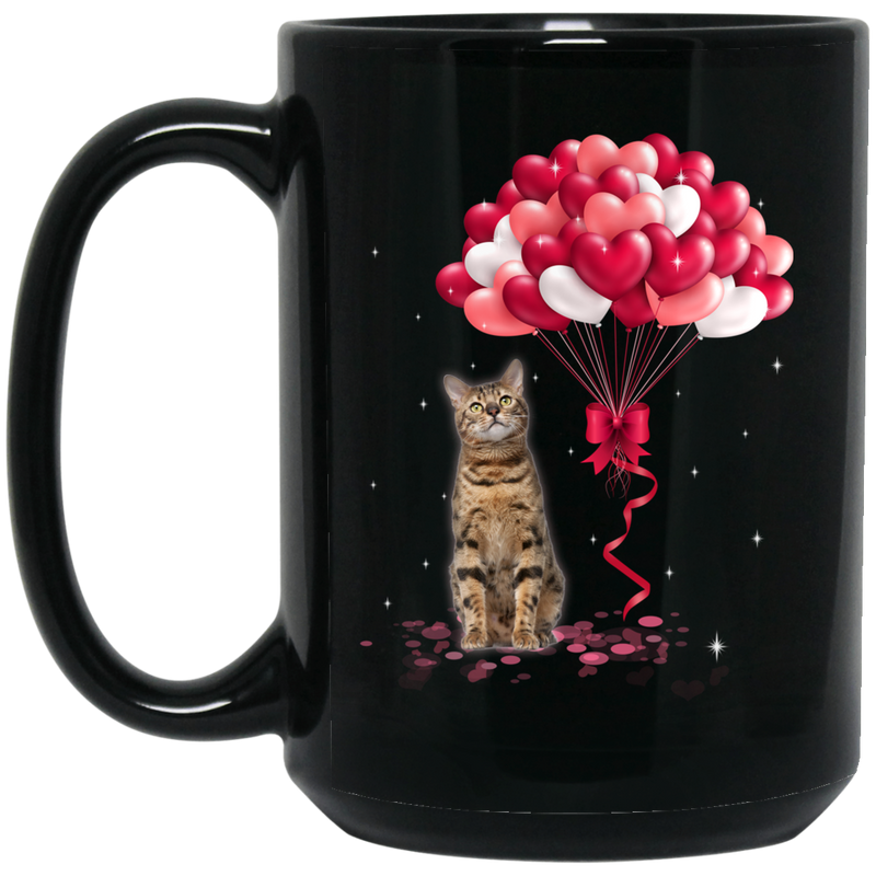 Cat Coffee Mug Bengal Cat Valentine Heart Balloons 11oz - 15oz Black Mug CustomCat