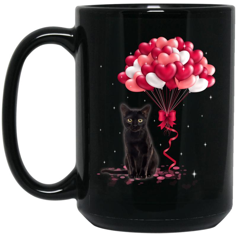 Cat Coffee Mug Black Cat Valentine Heart Balloons 11oz - 15oz Black Mug CustomCat