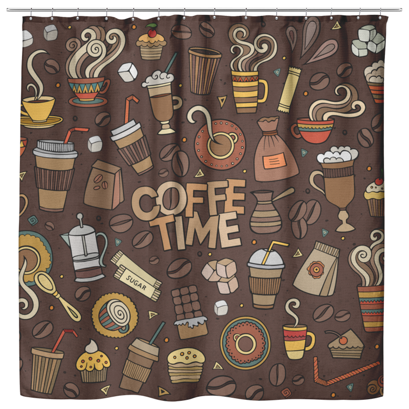 Coffee Shower Curtains Colorful Vector Hand Drawn Set Of Objects And Symbols On The Coffee Time For Bathroom Decor
