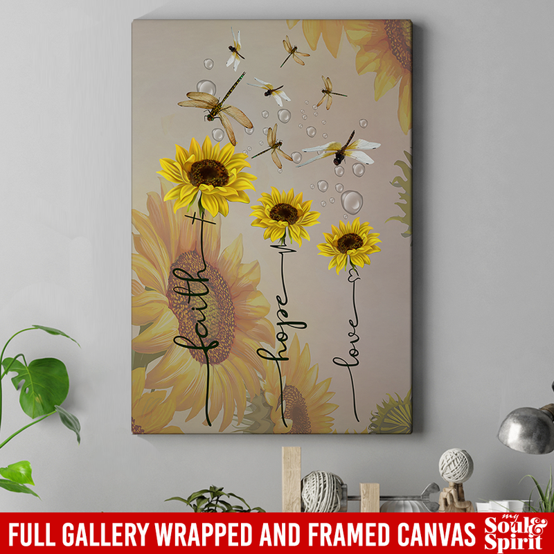 Dragonfly Canvas - Faith Hope Love Dragonflies And Sunflower Canvas Wall Art Decor Dragonfly - CANPO75 - CustomCat